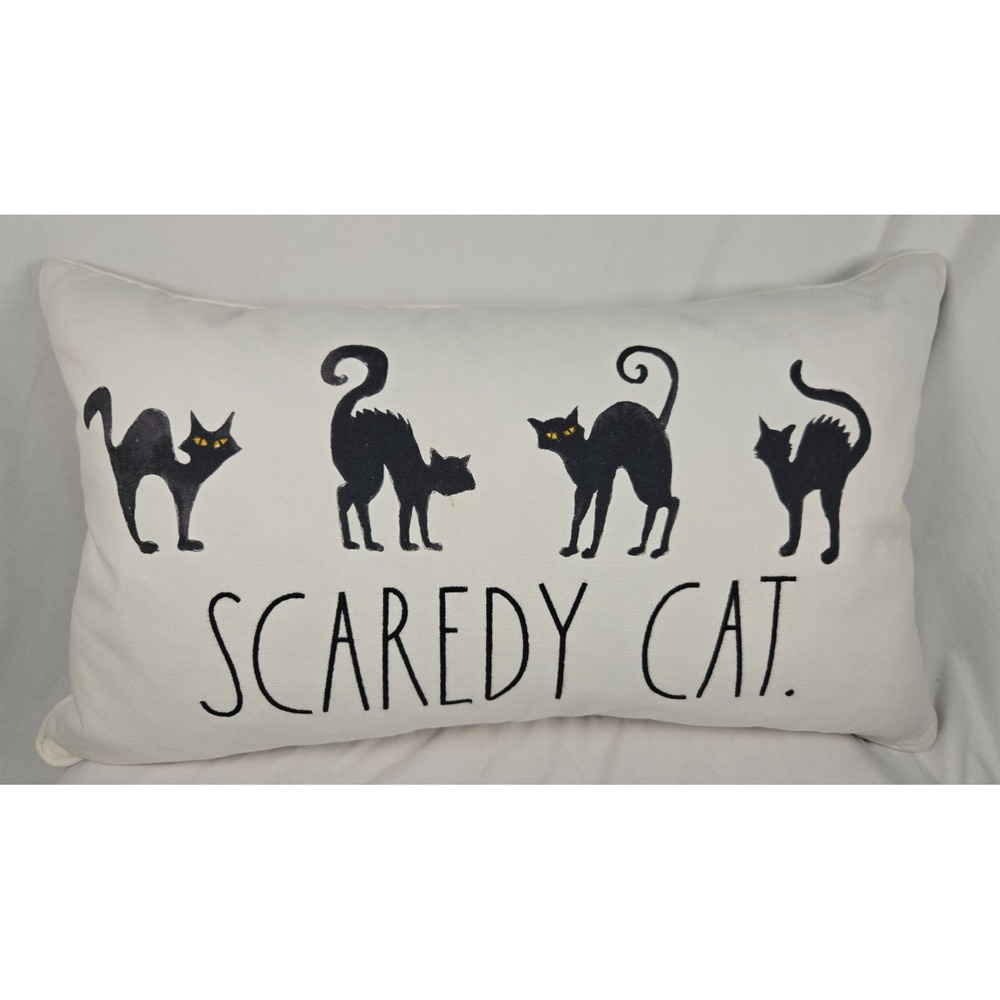 Rae Dunn Halloween Scaredy Cat Black Cat Feather Filled Lumbar Pillow 24.5x14.5